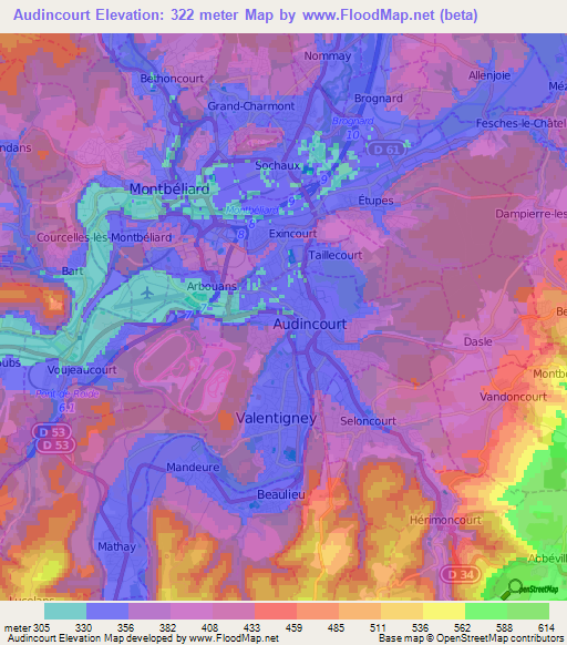 Audincourt,France Elevation Map