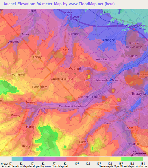 Auchel,France Elevation Map