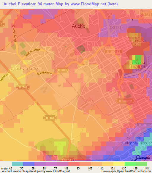 Auchel,France Elevation Map