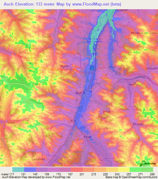 Auch,France Elevation Map