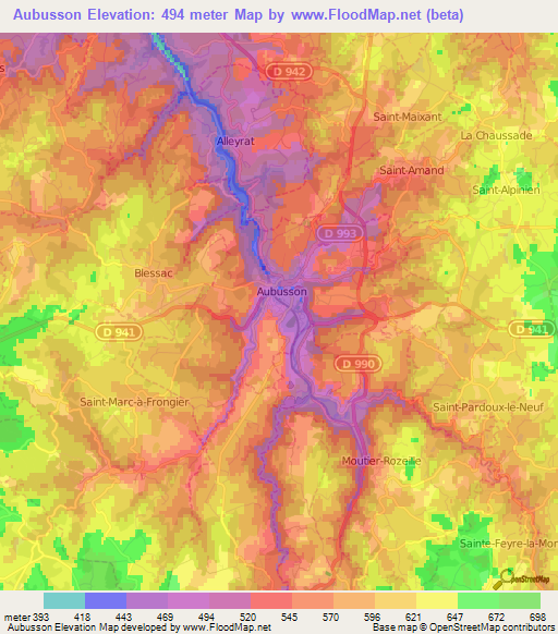 Aubusson,France Elevation Map