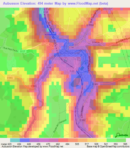 Aubusson,France Elevation Map