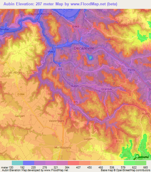 Aubin,France Elevation Map