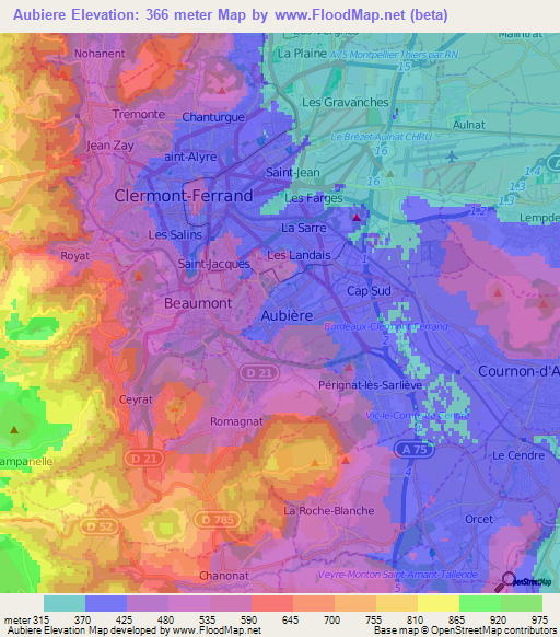 Aubiere,France Elevation Map