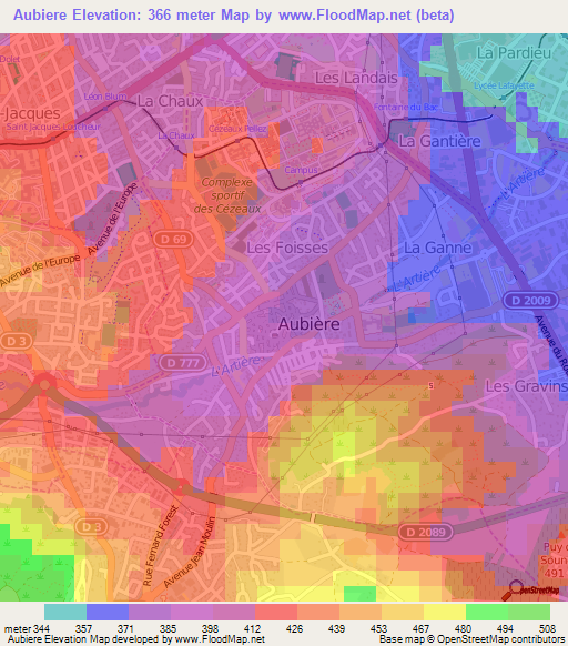 Aubiere,France Elevation Map