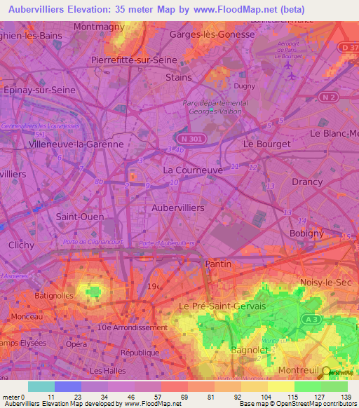 Aubervilliers,France Elevation Map