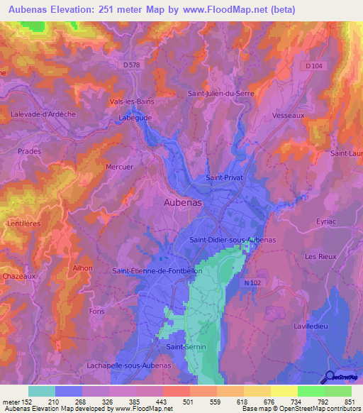 Aubenas,France Elevation Map