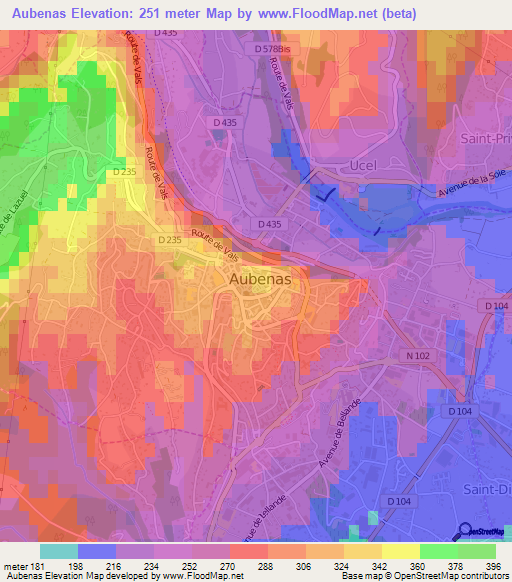 Aubenas,France Elevation Map