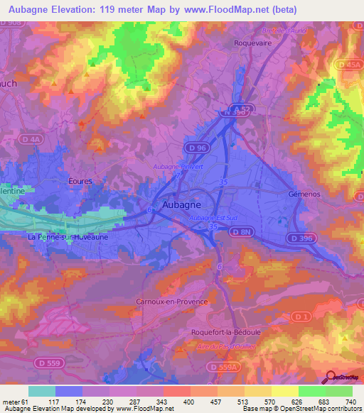 Aubagne,France Elevation Map