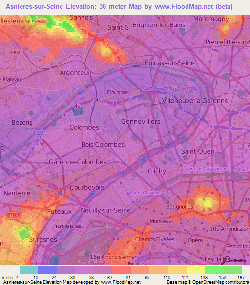 Asnieres-sur-Seine,France Elevation Map