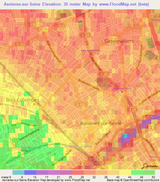 Asnieres-sur-Seine,France Elevation Map