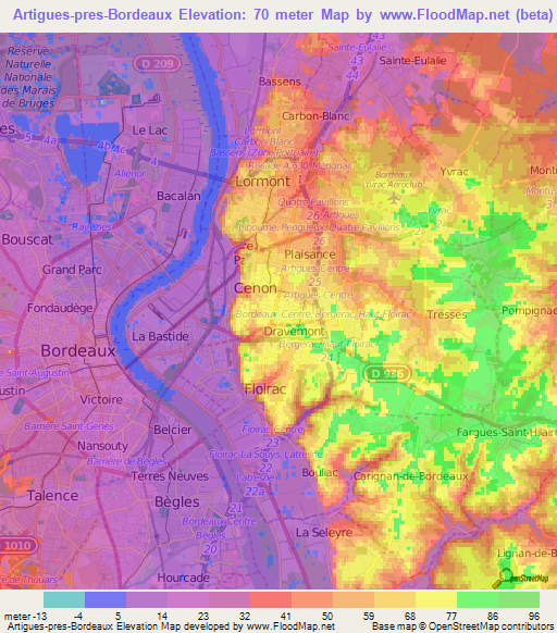 Artigues-pres-Bordeaux,France Elevation Map