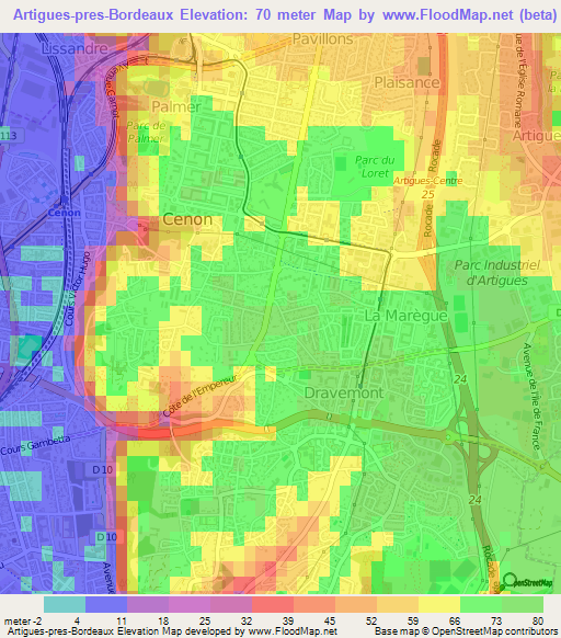 Artigues-pres-Bordeaux,France Elevation Map