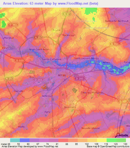 Arras,France Elevation Map