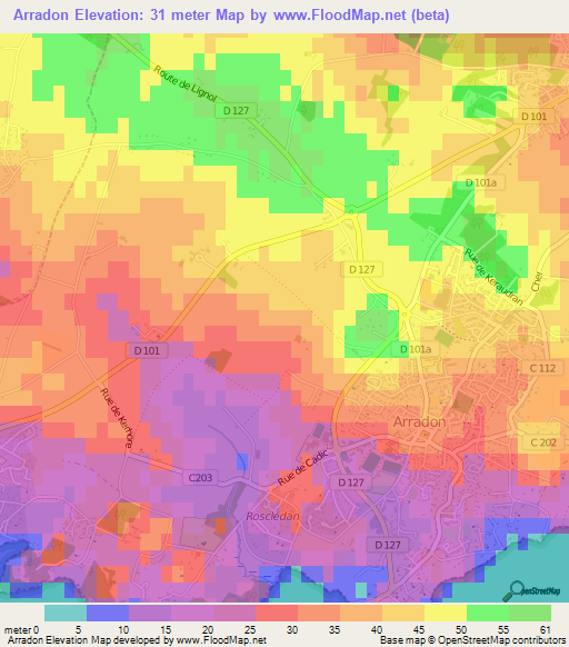 Arradon,France Elevation Map