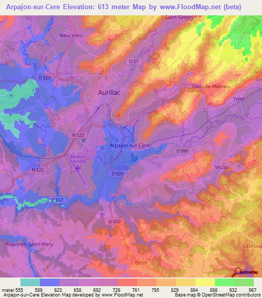 Arpajon-sur-Cere,France Elevation Map