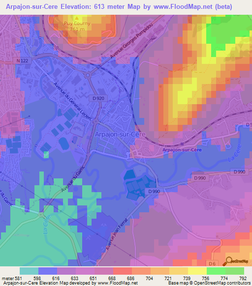 Arpajon-sur-Cere,France Elevation Map