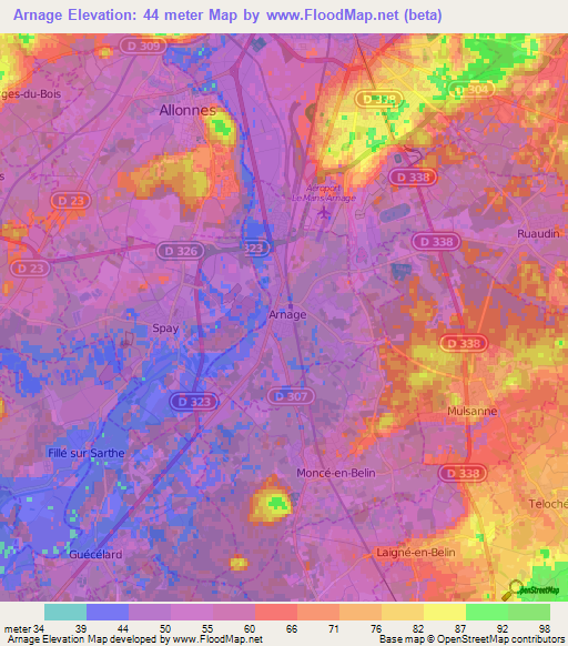 Arnage,France Elevation Map