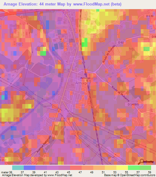 Arnage,France Elevation Map