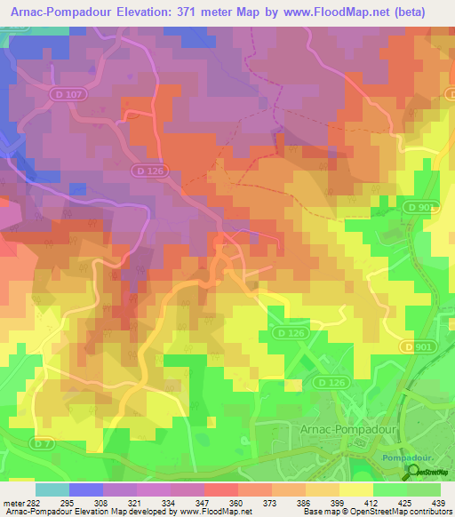 Arnac-Pompadour,France Elevation Map