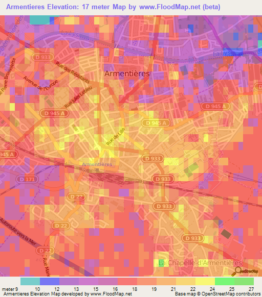 Armentieres,France Elevation Map