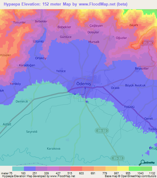 Hypaepa,Turkey Elevation Map