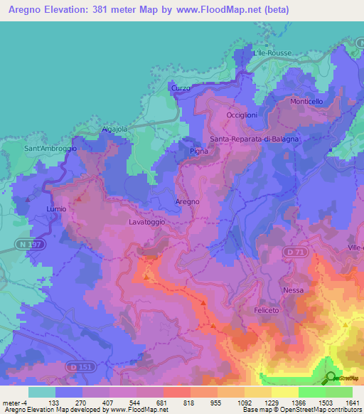 Aregno,France Elevation Map