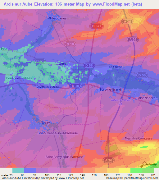 Arcis-sur-Aube,France Elevation Map