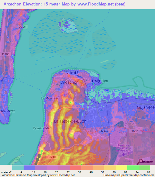 Arcachon,France Elevation Map