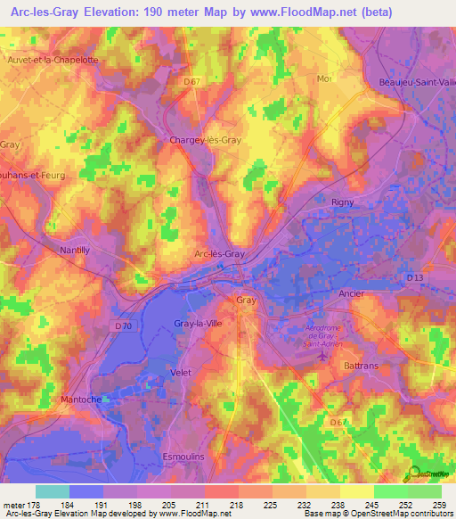 Arc-les-Gray,France Elevation Map