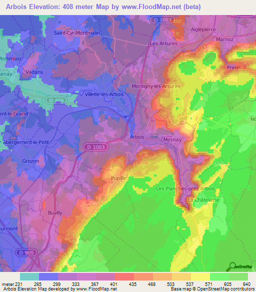 Arbois,France Elevation Map