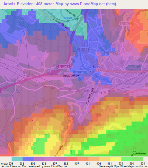 Arbois,France Elevation Map