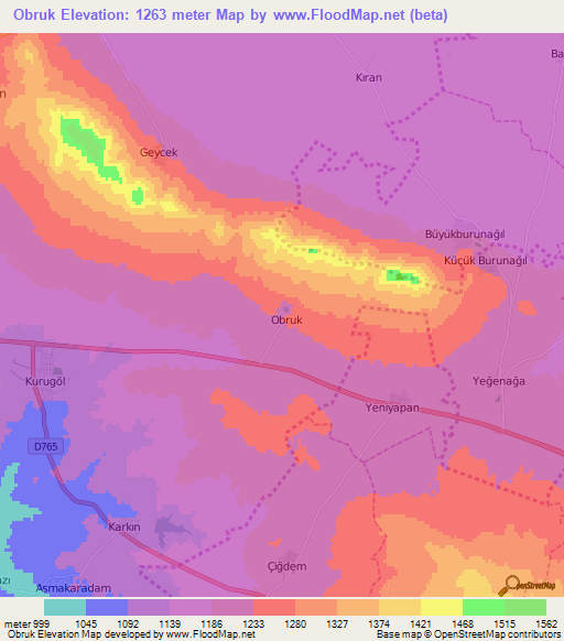 Obruk,Turkey Elevation Map