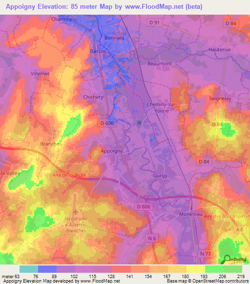 Appoigny,France Elevation Map