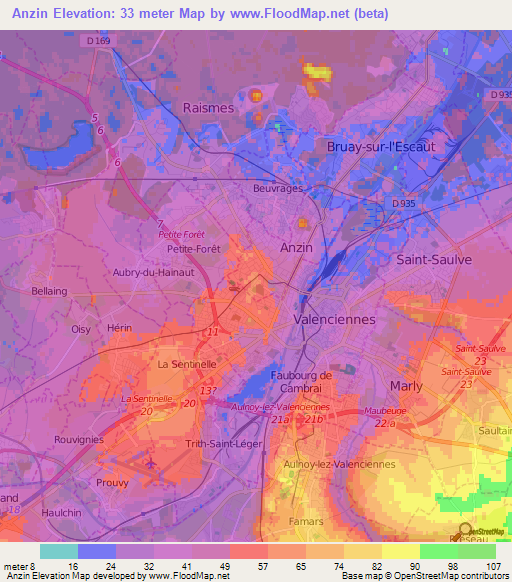 Anzin,France Elevation Map