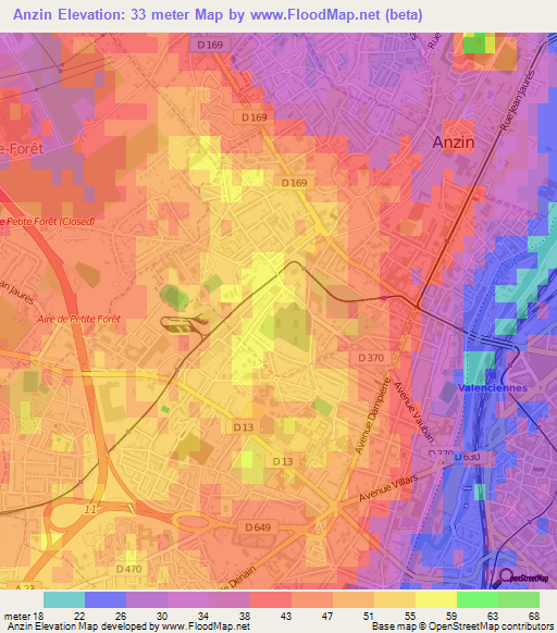 Anzin,France Elevation Map