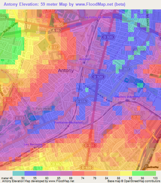 Antony,France Elevation Map