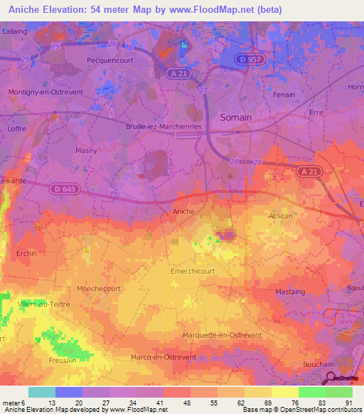 Aniche,France Elevation Map