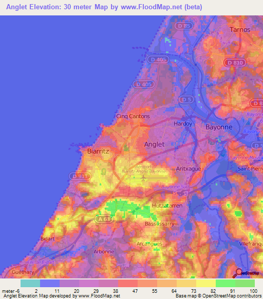 Anglet,France Elevation Map