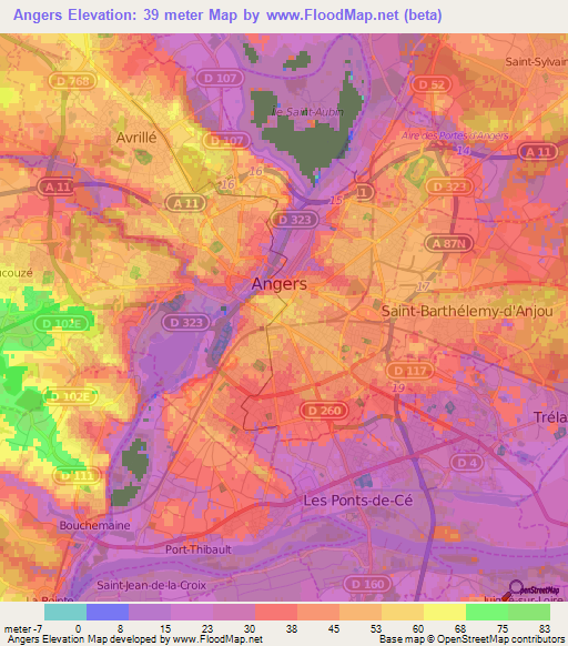 Angers,France Elevation Map