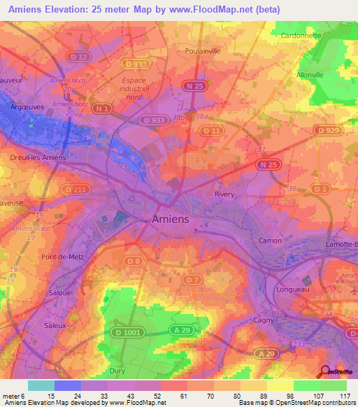 Amiens,France Elevation Map