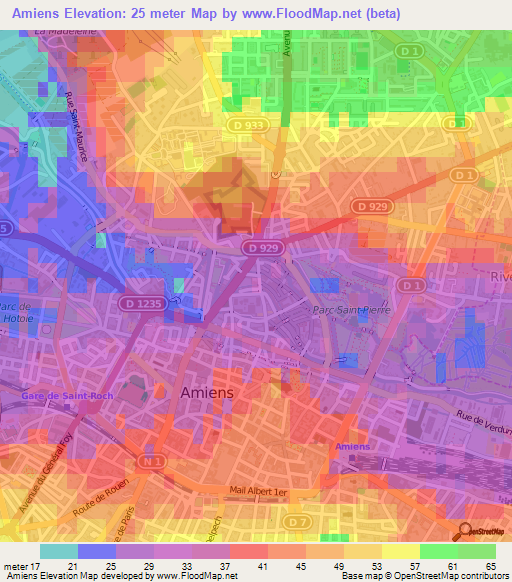 Amiens,France Elevation Map