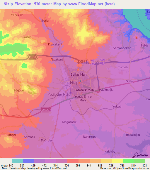 Nizip,Turkey Elevation Map