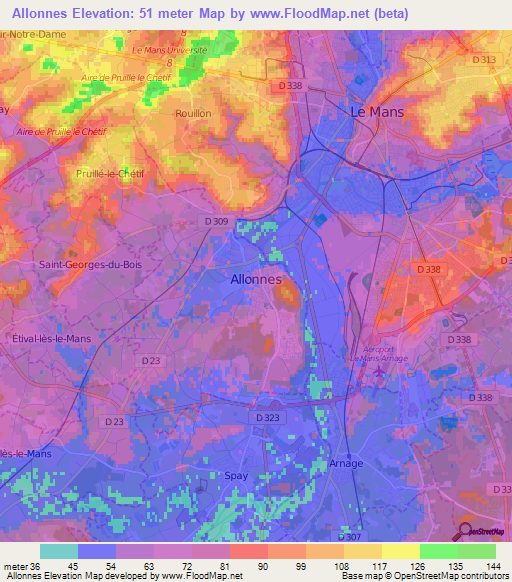 Allonnes,France Elevation Map