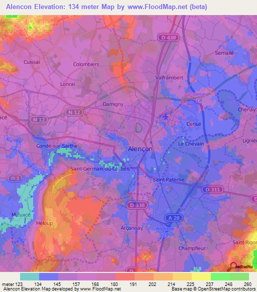 Alencon,France Elevation Map