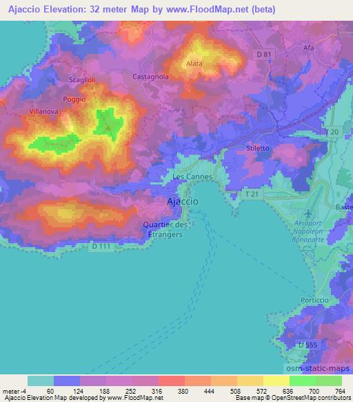 Ajaccio,France Elevation Map