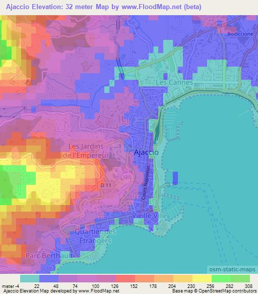 Ajaccio,France Elevation Map