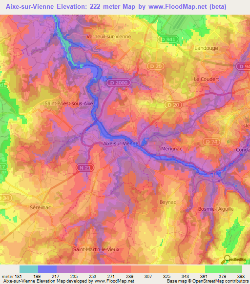 Aixe-sur-Vienne,France Elevation Map