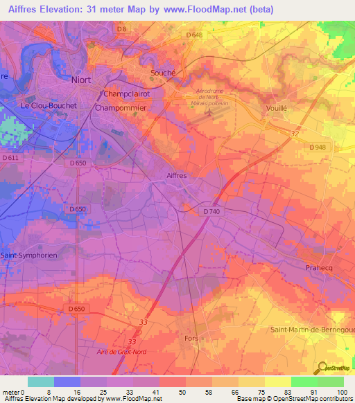 Aiffres,France Elevation Map