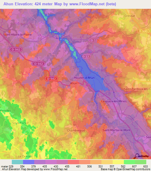 Ahun,France Elevation Map